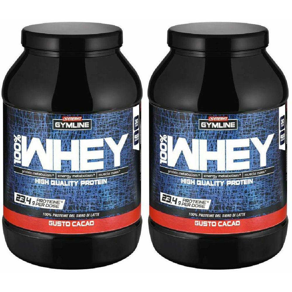 Zwei schwarze Dosen mit dem Aufdruck "WHEY". Blaue Etiketten mit weißer Schrift. Roter Streifen mit "GUSTO CACAO".