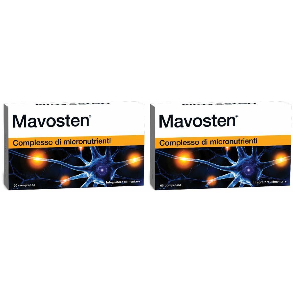Zwei Schachteln mit dem Produktnamen Mavosten. Aufschrift: 'Complesso di micronutrienti'. Abbildung eines Nervenzellen-Modells.