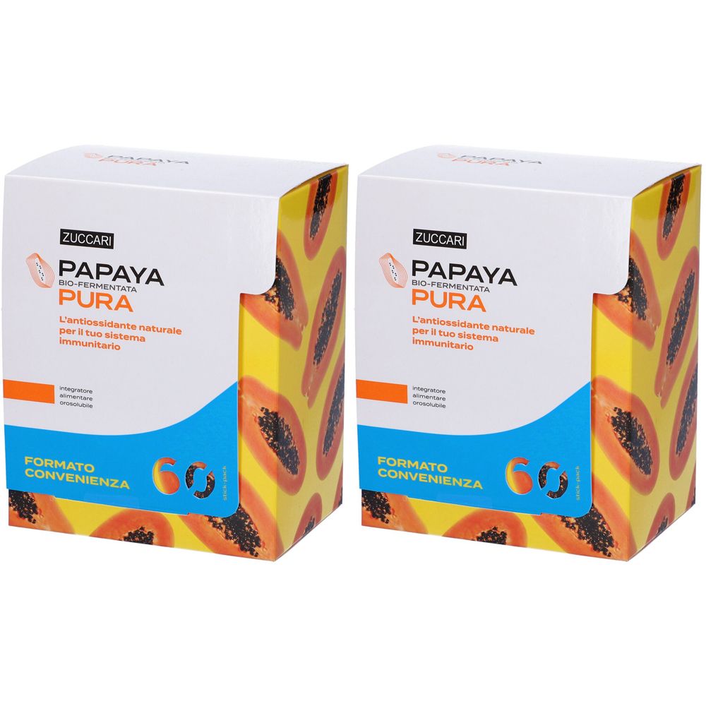 Deux boîtes blanches avec motif papaye. Inscription : Zuccari Papaya Pura. Texte en italien. Format Convenienza.