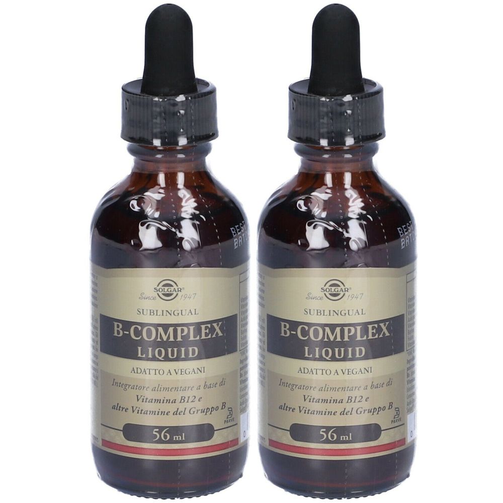 Zwei braune Glasflaschen mit schwarzen Pipetten. Auf den Etiketten steht "B-COMPLEX LIQUID" und "ADATTO A VEGANI".
