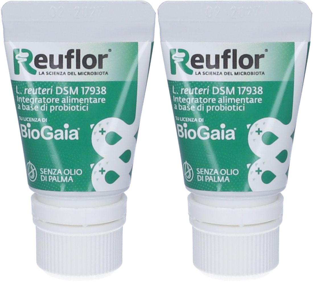 Deux tubes de Reuflor. Emballage vert et blanc. Texte : L. reuteri DSM 17938, Integratore alimentare a base di probiotici, BioGaia, sans huile de palme.