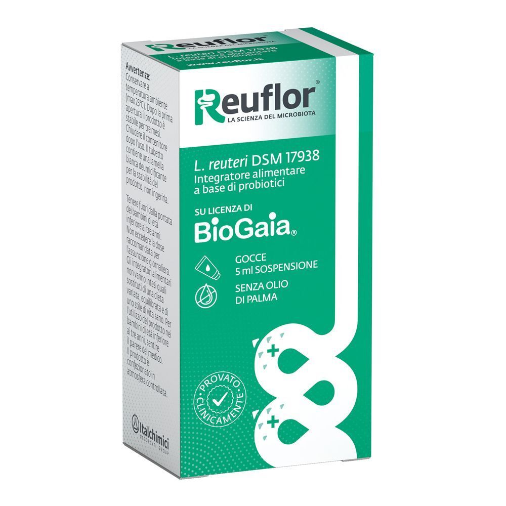 Eine Packung Reuflor Gocce, probiotisches Nahrungsergänzungsmittel, mit klinisch getestetem Siegel.