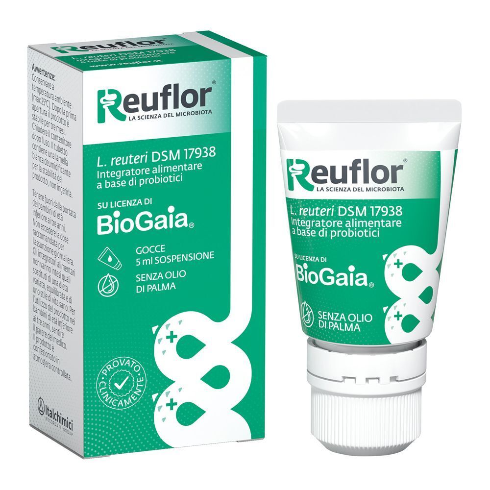 Reuflor Gocce Fläschchen und Packung, probiotisches Nahrungsergänzungsmittel.