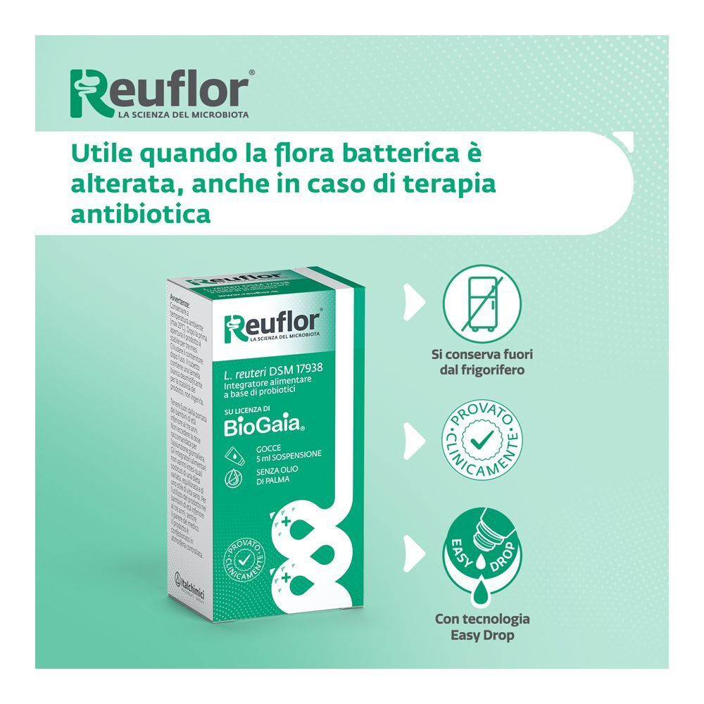 Reuflor Gocce: Informationen zur Lagerung und Anwendung, probiotisches Nahrungsergänzungsmittel.