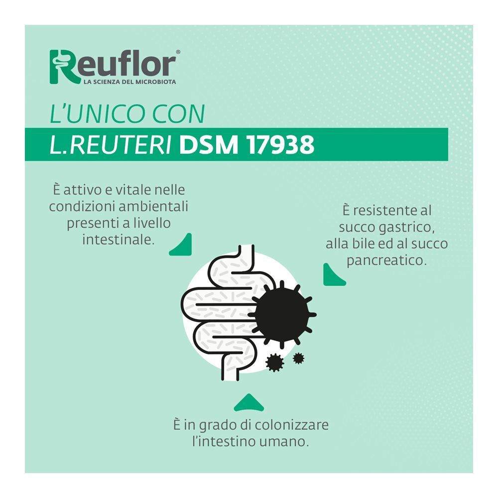 Reuflor Gocce: L. reuteri DSM 17938, probiotisches Nahrungsergänzungsmittel, das im Darm aktiv ist.