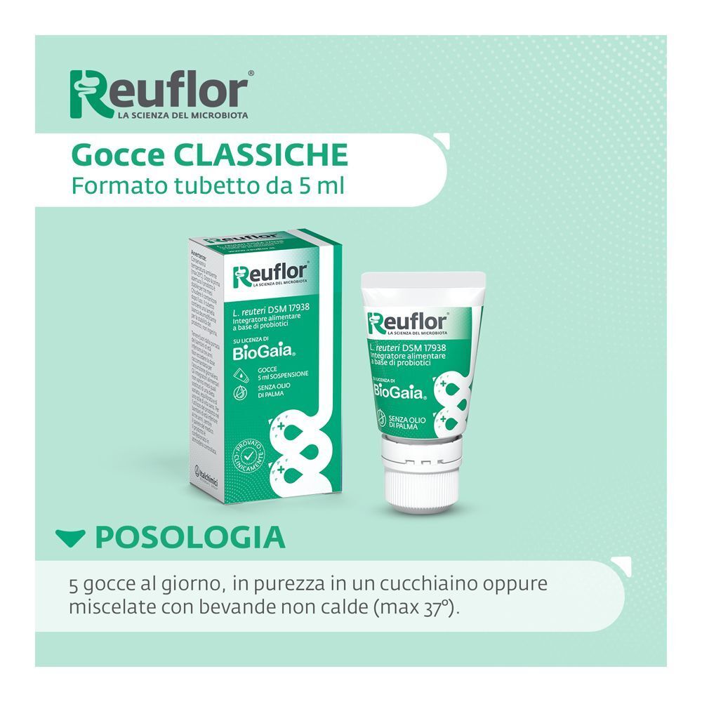 Reuflor Gocce Klassik, 5 ml Tubenformat, probiotisches Nahrungsergänzungsmittel.