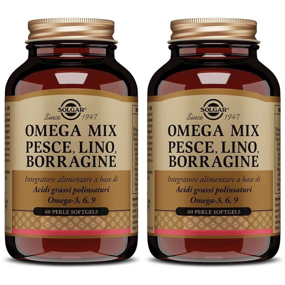 Deux flacons en verre brun avec des couvercles dorés. Les étiquettes indiquent "SOLGAR Omega Mix". Chaque flacon contient 60 gélules.