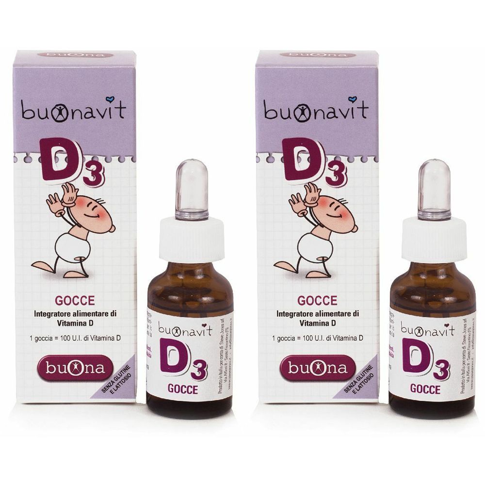 Deux flacons de gouttes et emballages. Inscription : D3 Gocce, Integratore alimentare di Vitamina D. Marque : Buonavit.