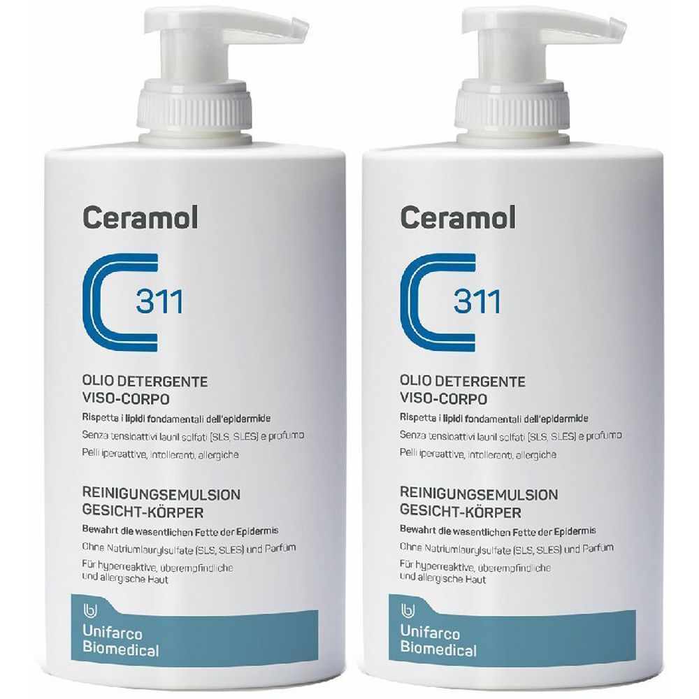 Zwei weiße Flaschen mit Pumpverschluss. Auf jeder Flasche steht "Ceramol C 311" und "Olio Detergente Viso-Corpo".