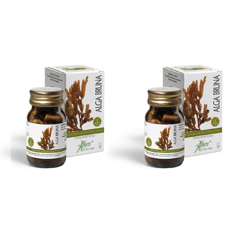 Deux flacons et boîtes. Gélules brunes dans des flacons en verre avec des couvercles dorés. Boîtes blanches avec illustration d'algues et texte.