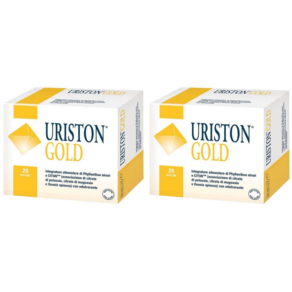 Zwei Kartons mit "URISTON GOLD"-Logo. Gelbe und weiße Verpackung. Text in italienischer Sprache. 28 Beutel.