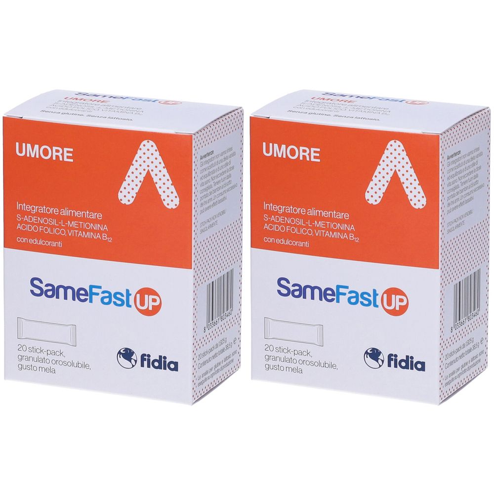 Zwei weiße Kartons mit der Aufschrift "UMORE" und "SameFast UP". Auf den Kartons sind Logos und Produktinformationen abgebildet.