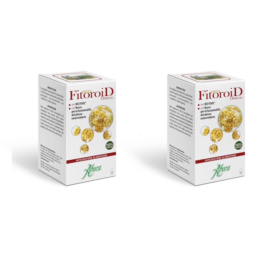 Deux boîtes blanches avec "Fitoroid Opercoli". Logos et informations sur le produit sont visibles sur l'emballage.