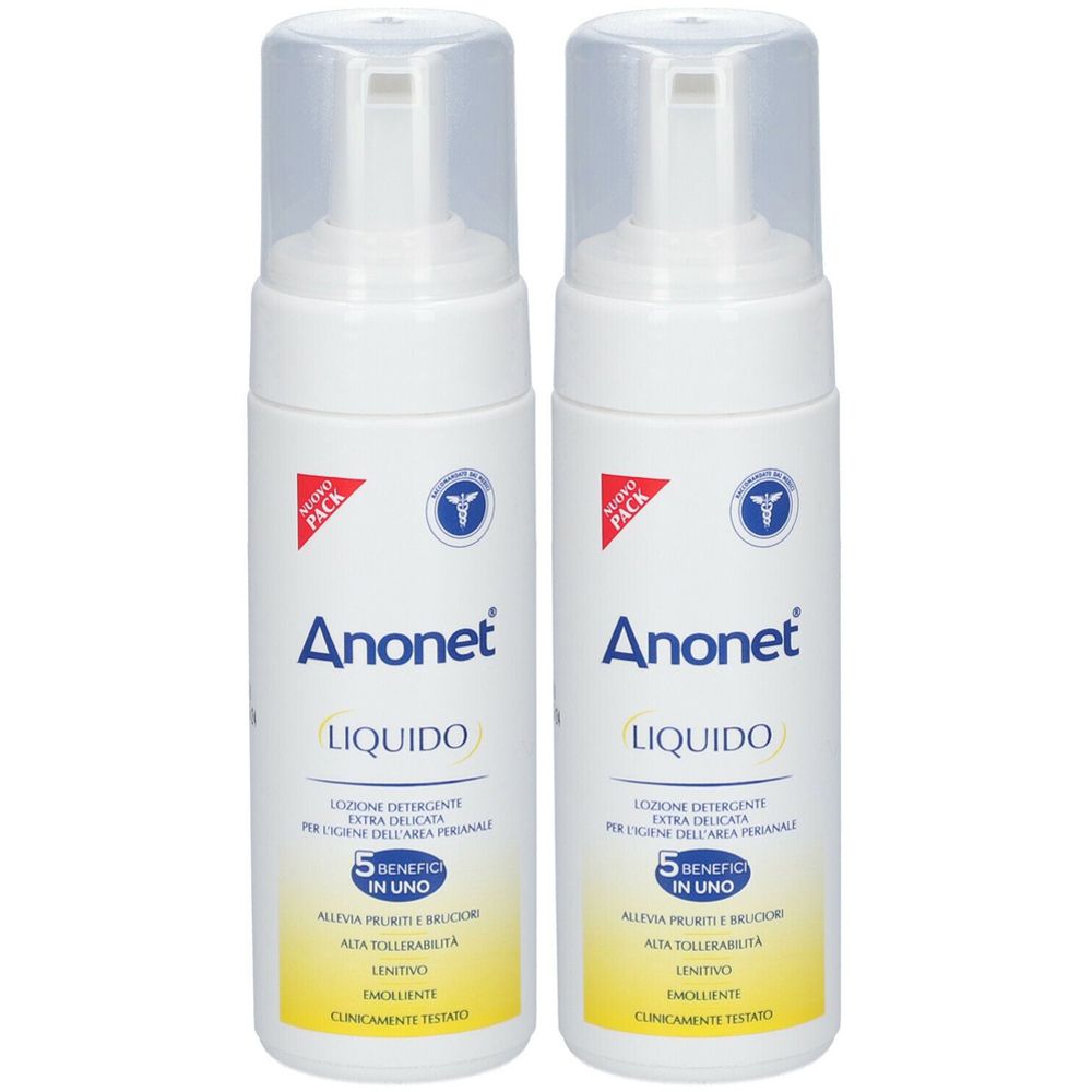 Zwei weiße Flaschen mit Sprühkopf. Aufschrift "Anonet Liquido". Rote und blaue Logos. Gelber Bereich mit Text.