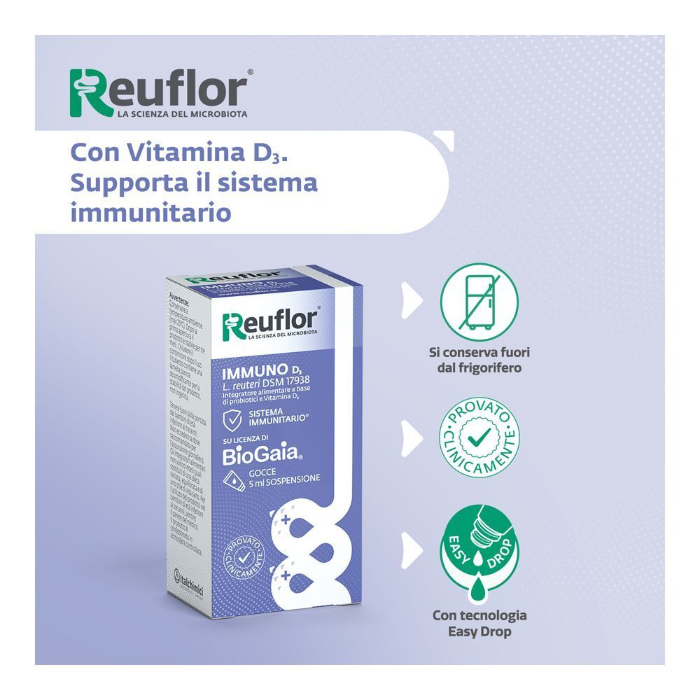 Reuflor D3 Gocce Packung mit Hinweisen zu Vitamin D3 und Immunsystem-Unterstützung.