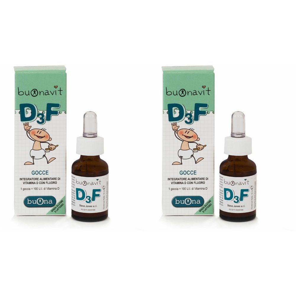 Zwei Flaschen mit Tropfen und Verpackungen. Auf den Verpackungen steht "buOnavit D3F". Auf den Flaschen steht "D3F".