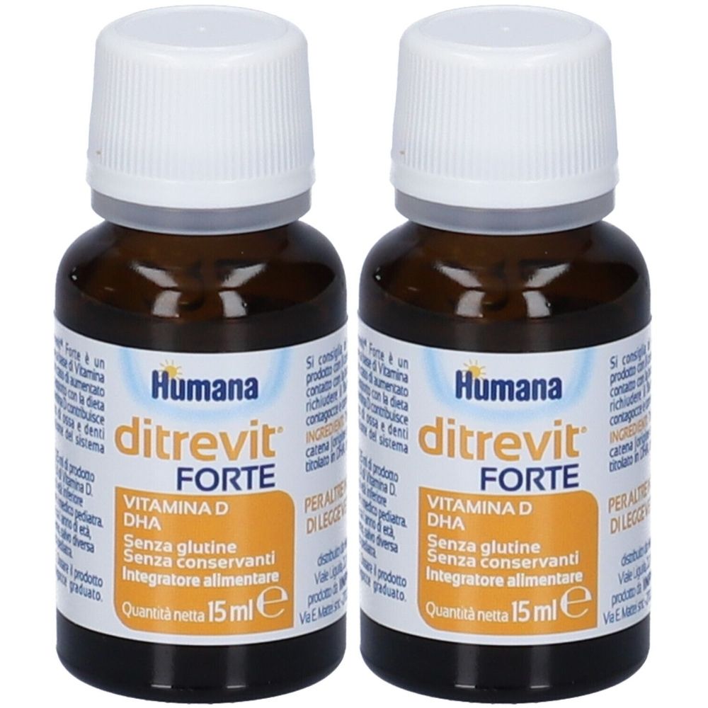 Zwei Kartons Ditrevit Forte. Aufschrift: Humana, Ditrevit Forte, Vitamin D DHA. Enthält glutenfreie Nahrungsergänzungsmittel. Nettomenge 15 ml.
