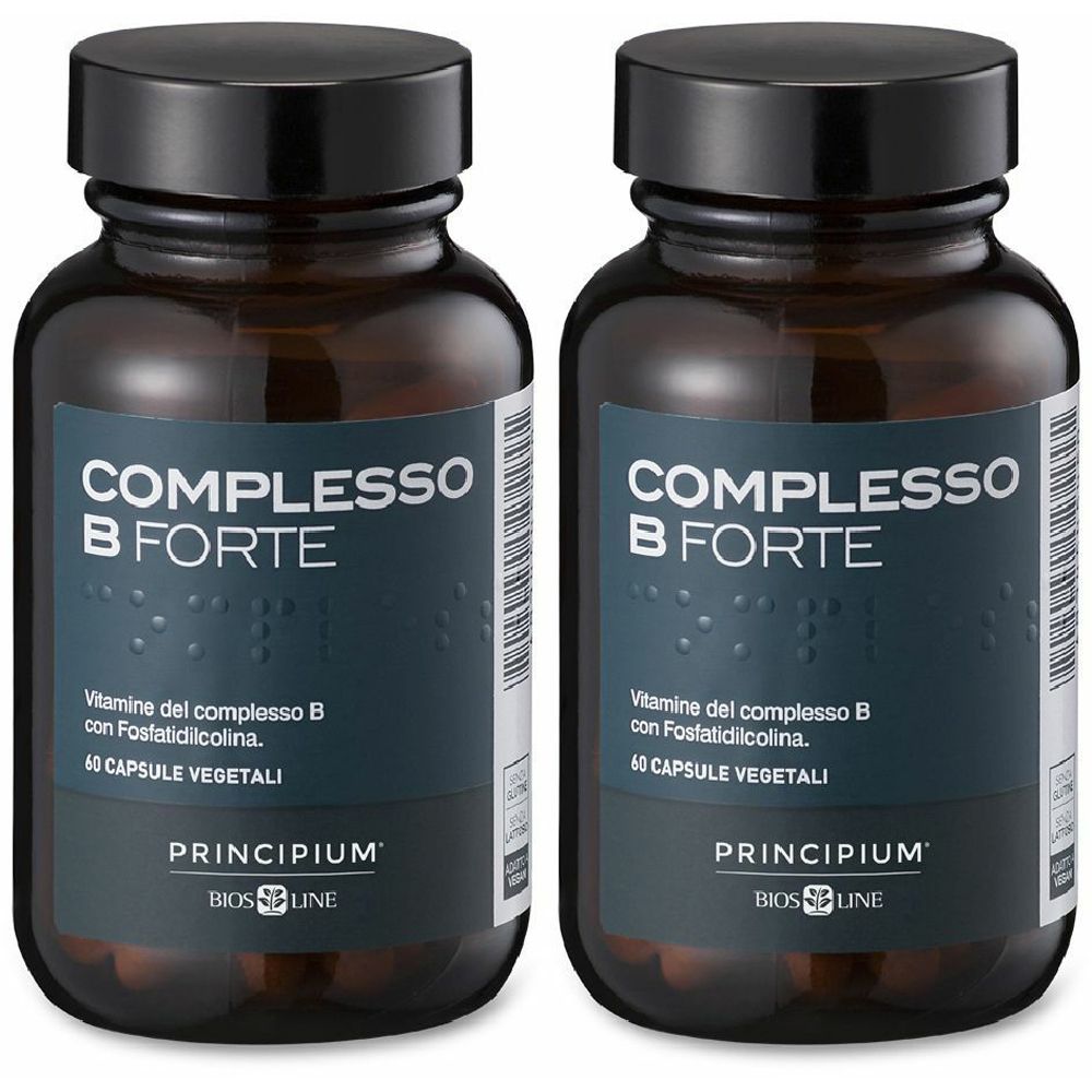 Zwei Flaschen mit Kapseln. Aufschrift: COMPLESSO B FORTE. Marke: PRINCIPIUM. 60 vegetarische Kapseln. Dunkle Glasflaschen mit schwarzem Deckel.