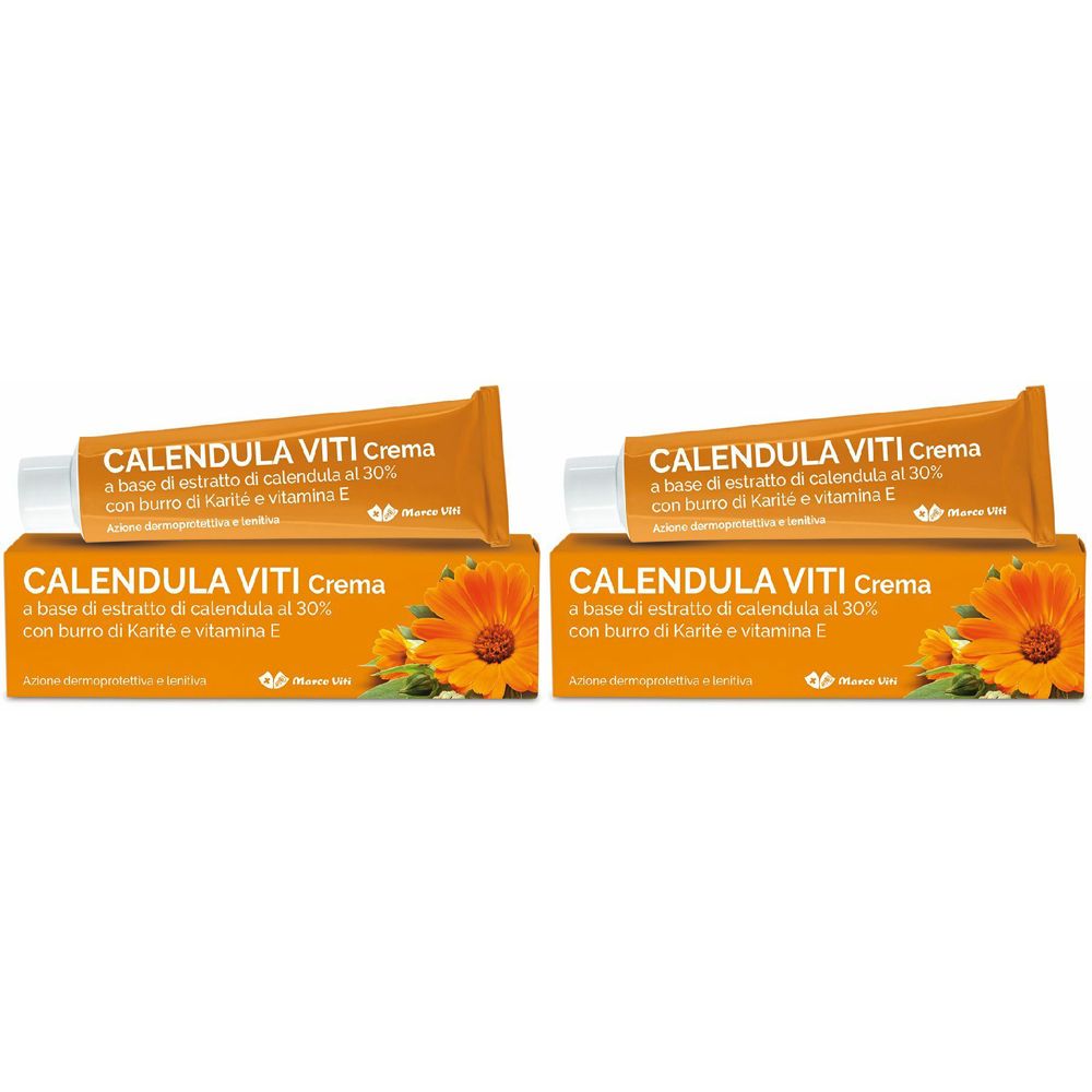 Deux tubes et boîtes CALENDULA VITI Crema. Emballage orange avec texte et illustration de calendula. Crème à base d'extrait de calendula.