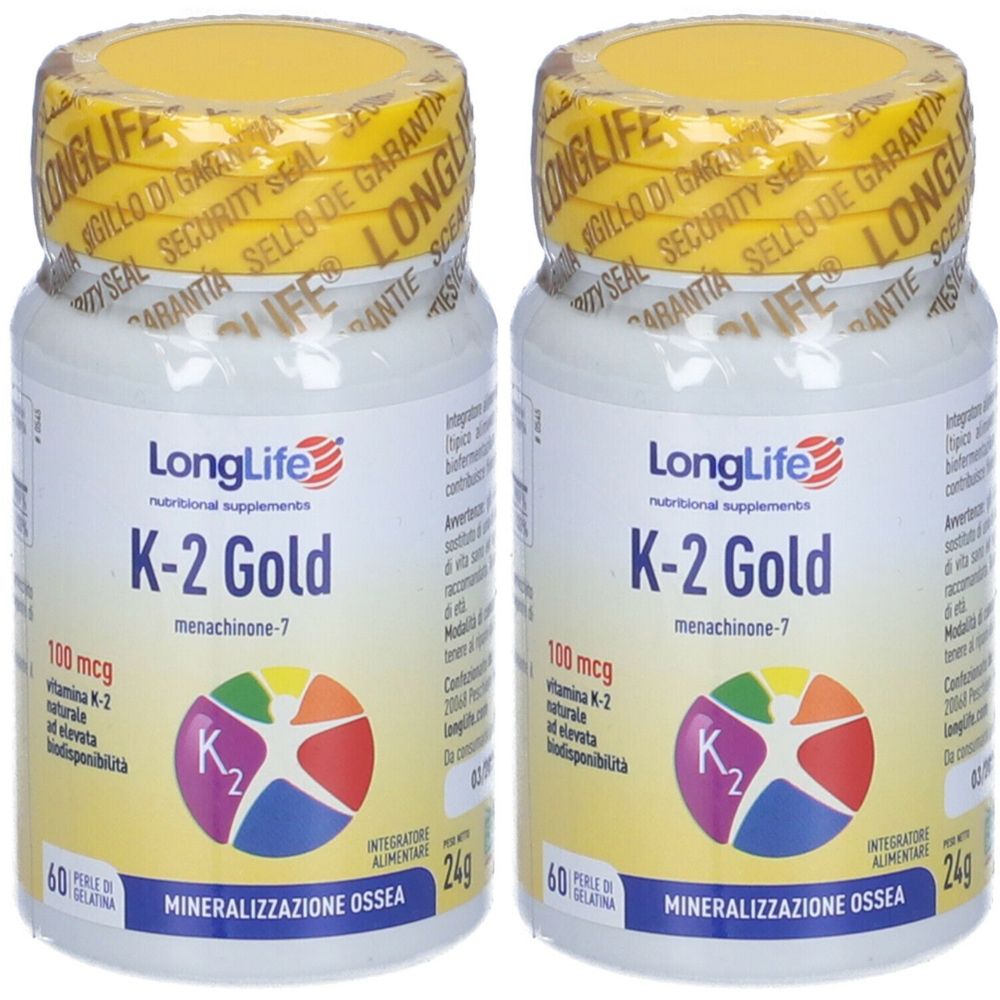 Zwei Flaschen mit gelbem Deckel. Aufschrift: LongLife K-2 Gold, 100 mcg. Aufkleber mit Informationen und Logo.