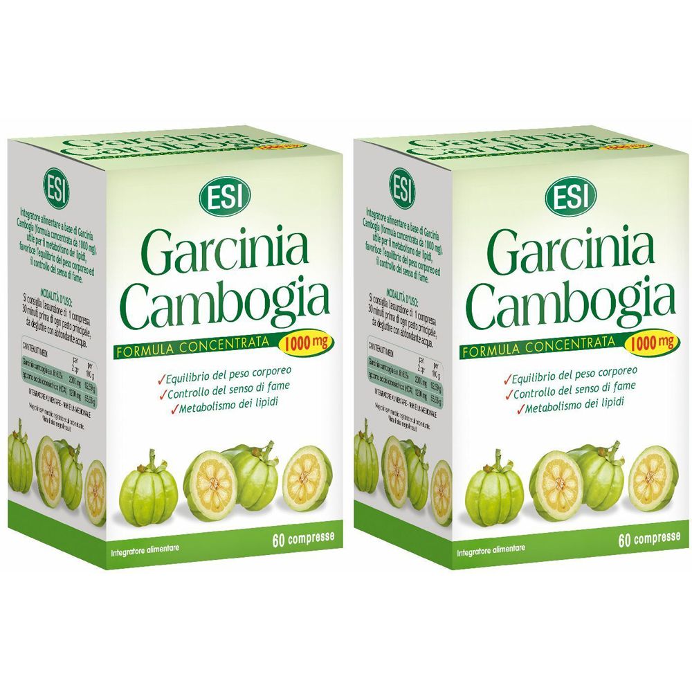 Deux boîtes de "Garcinia Cambogia 1000 mg". Chaque boîte présente des fruits et le logo "ESI".
