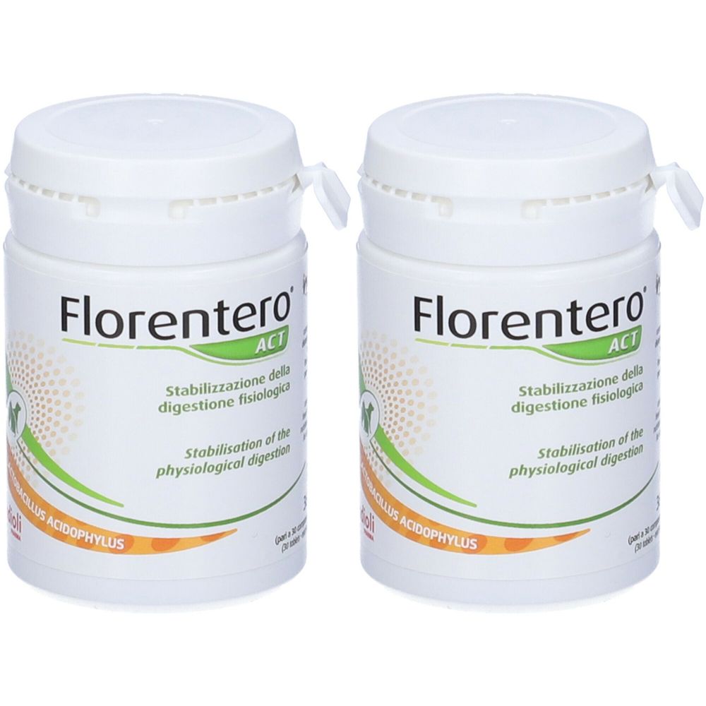 Deux flacons blancs avec couvercles. Inscription Florentero ACT. Texte sur la stabilisation de la digestion. Inscription Lactobacillus Acidophilus.