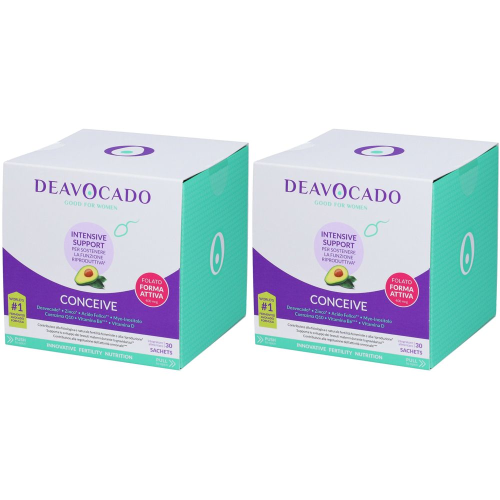 Zwei quadratische Kartons mit der Aufschrift "DEAVOCADO CONCEIVE". Aufdrucke: "Intensive Support", Avocado-Illustration, "Folato Forma Attiva".