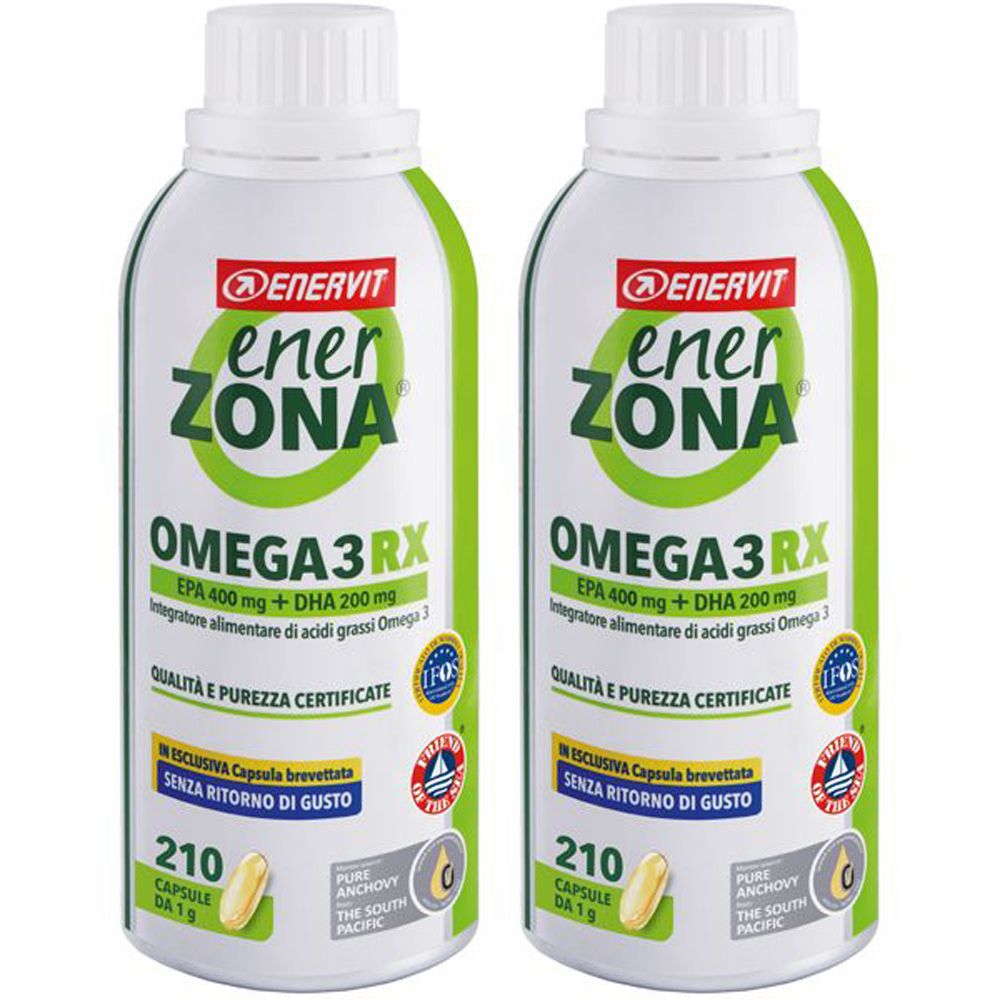 Deux flacons avec étiquettes. Inscription : ENERVIT enerZONA OMEGA3RX, EPA 400mg + DHA 200mg. Certifications.