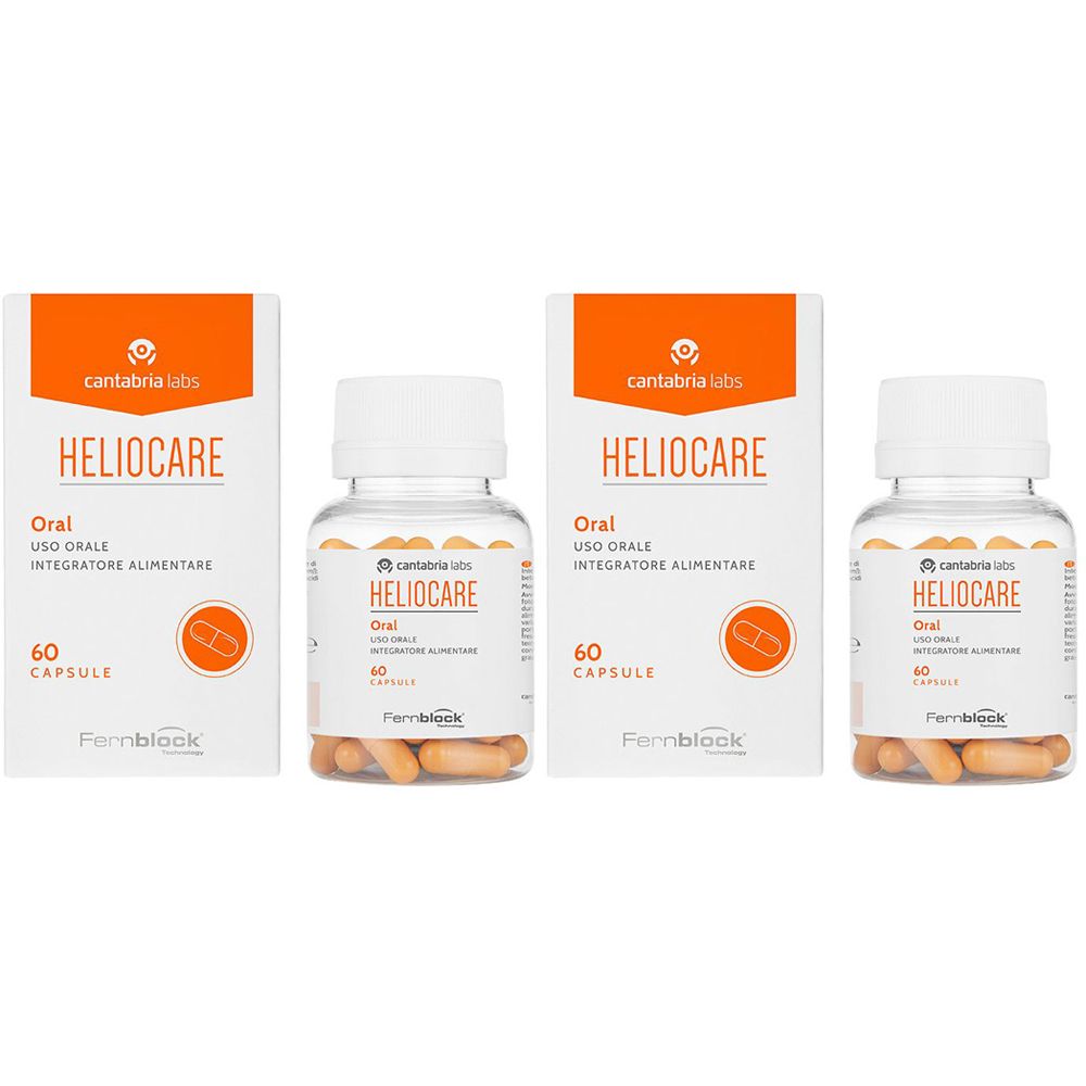 Deux boîtes et deux flacons de gélules. Sur les boîtes, on lit "HELIOCARE Oral". Sur les flacons, on lit "HELIOCARE".