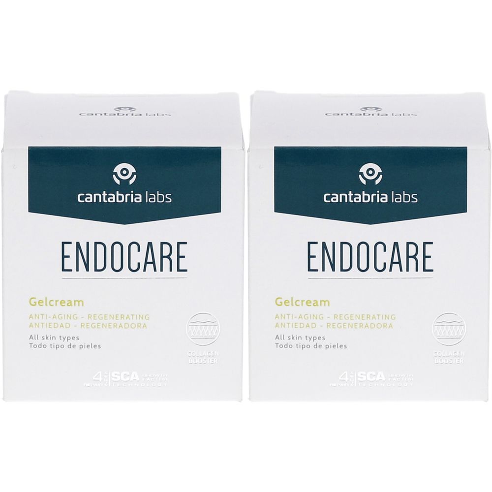 Deux pots de crème et deux boîtes. Sur les boîtes, le mot "ENDOCARE". Sur les pots, "ENDOCARE Gelcrem".