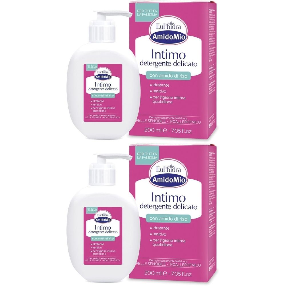 Zwei Flaschen und zwei Kartons. Auf den Flaschen und Kartons steht "EuPhidra AmidoMio Intimo detergente delicato".