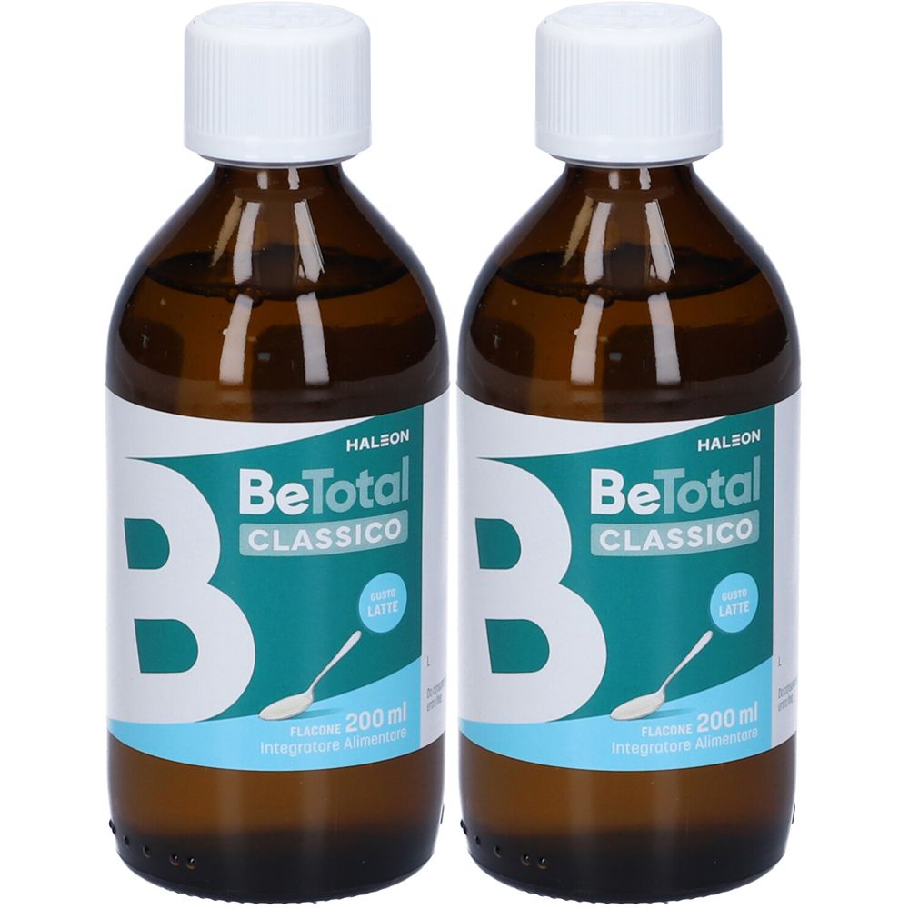 Zwei Flaschen mit weißem Deckel. Aufschrift: BeTotal Classico, Flavour Latte, 200 ml. Braune Glasflaschen.