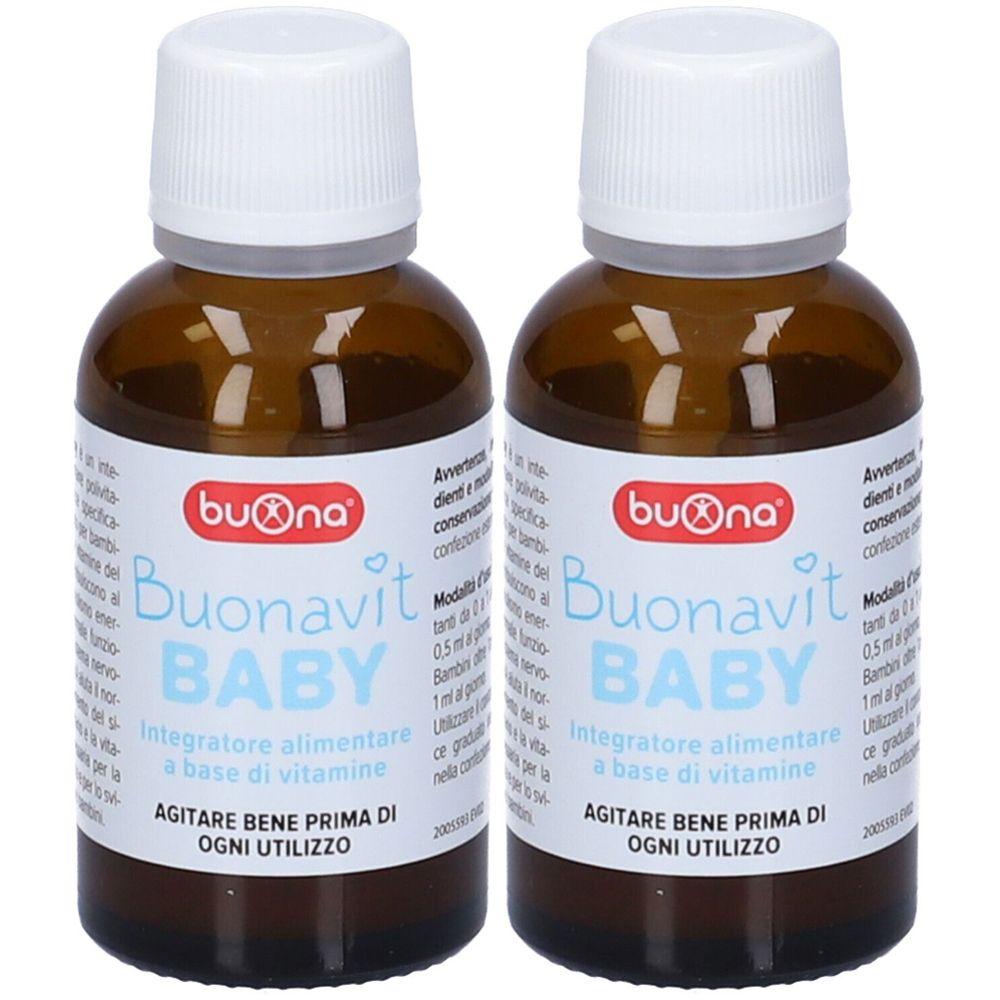 Deux flacons en verre brun avec bouchons blancs. Étiquette: Buonavit BABY, complément alimentaire à base de vitamines.