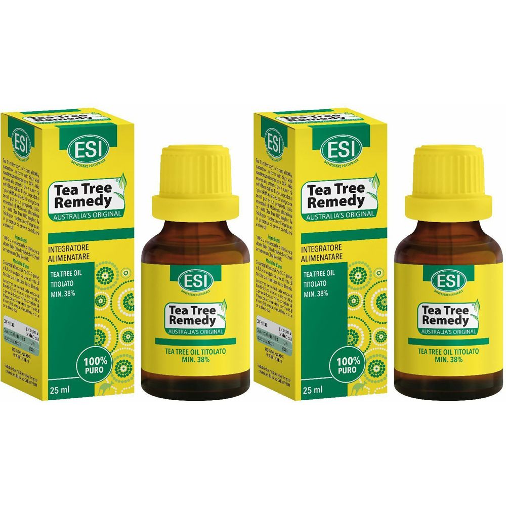 Deux flacons et deux boîtes avec des étiquettes jaunes. Les étiquettes indiquent "Tea Tree Remedy" et "ESI".