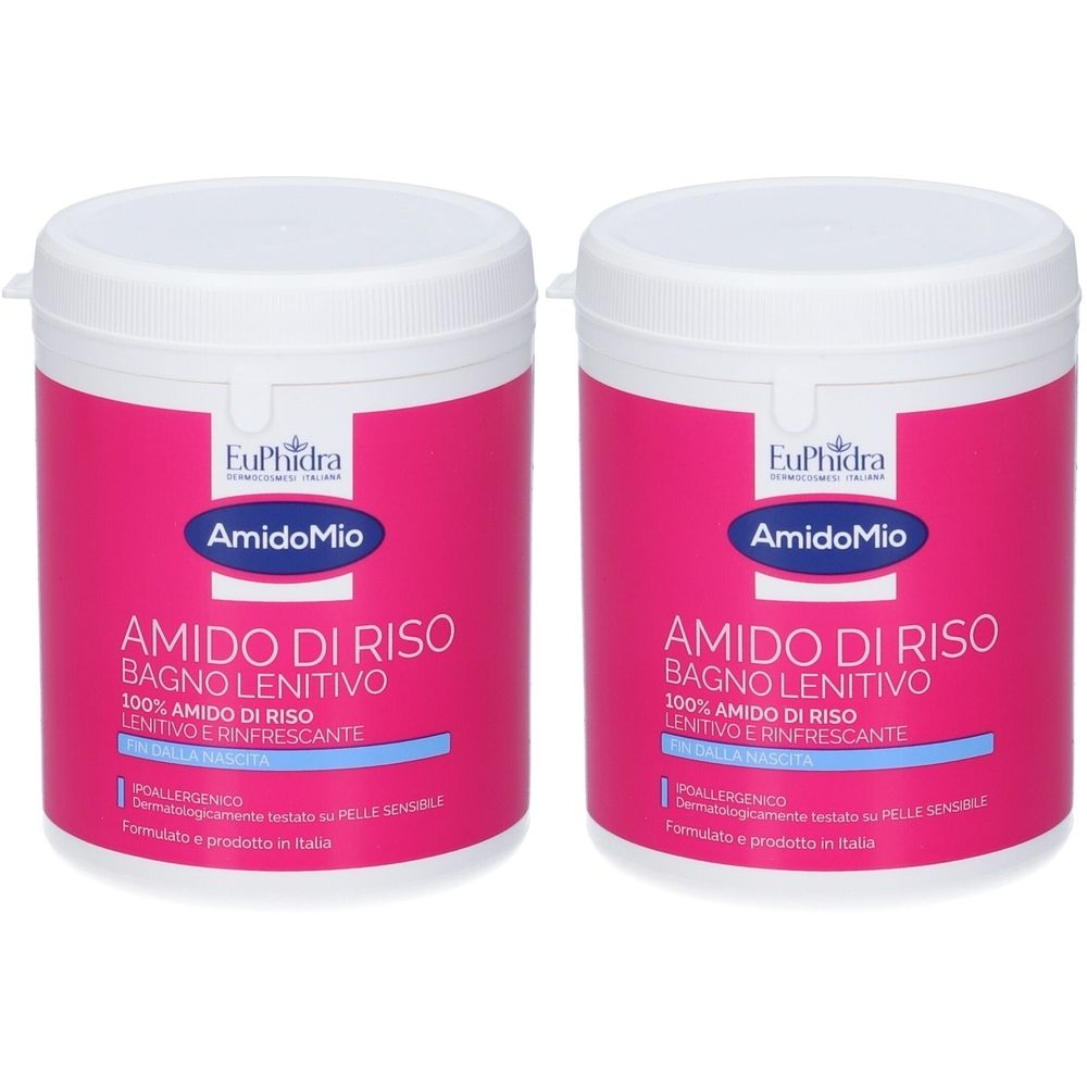 Zwei rosa Behälter mit weißem Deckel. Aufschrift: EuPhidra Amido Mio, Amido di Riso bagno lenitivo, 100% amido di riso.