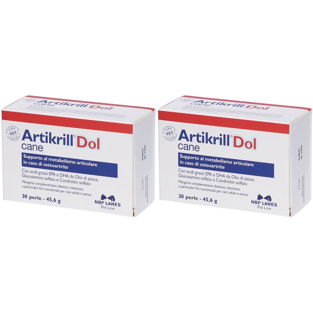 Zwei Kartons Artikrill Dol für Hunde. Aufschrift: "Supporto al metabolismo articolare in caso di osteoartrite".