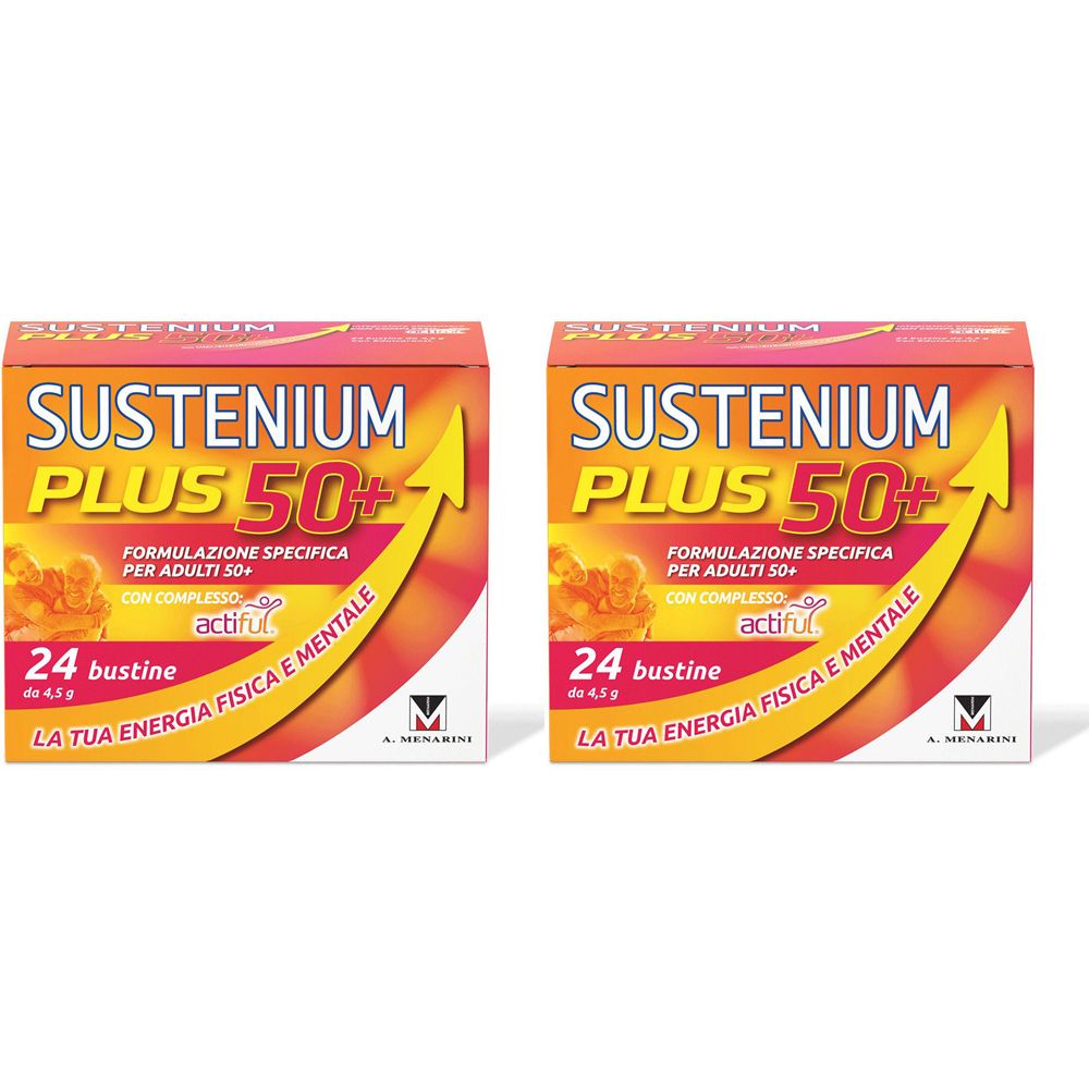 Deux boîtes de Sustenium Plus 50+. Inscription : 24 sachets, Actiful, pour adultes 50+. Emballage orange-jaune.