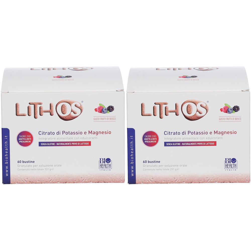 Zwei Kartons mit der Aufschrift "LITHOS". Aufschrift "Citrato di Potassio e Magnesio". Enthält 60 Beutel. Marke: Biohealth.