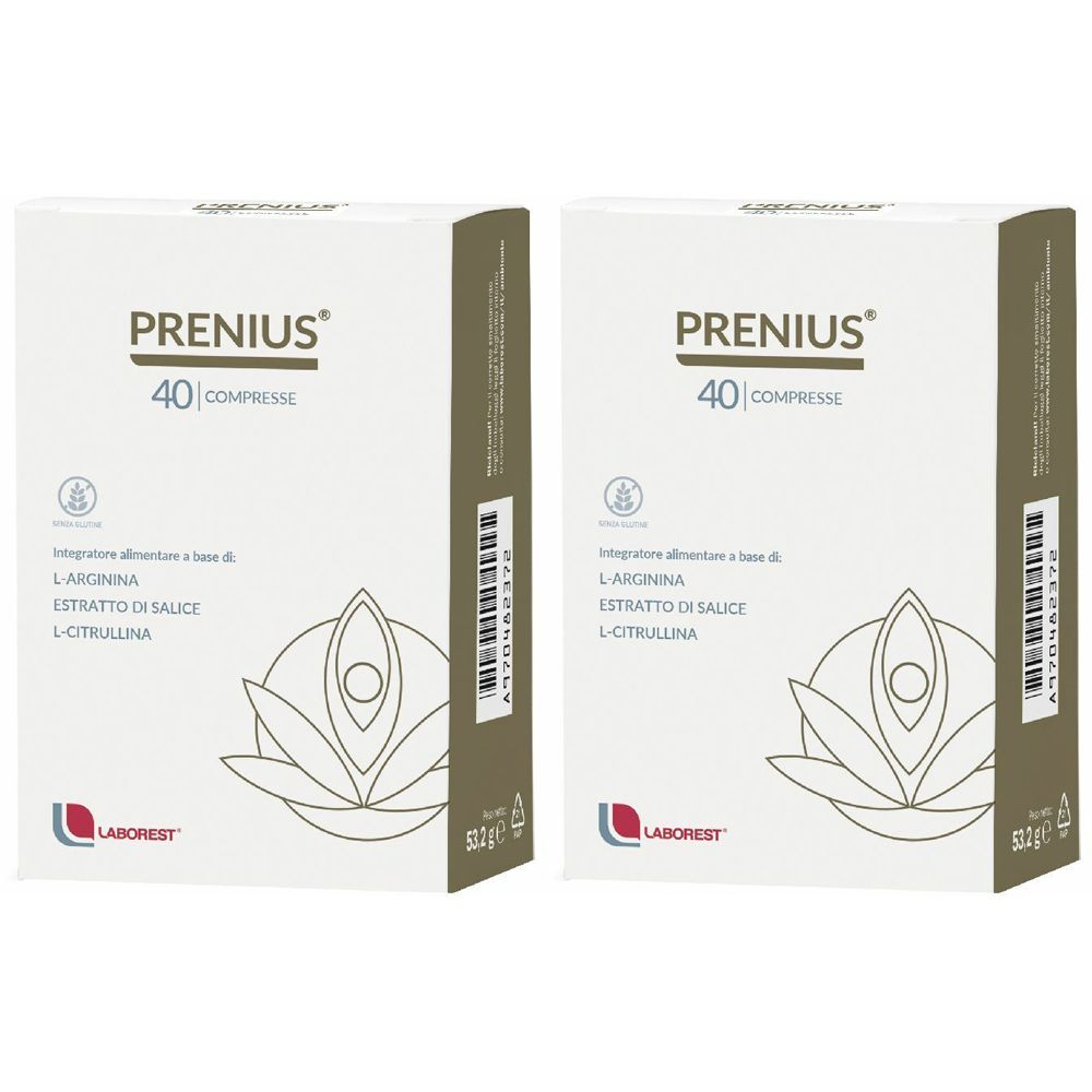 Zwei Schachteln mit "PRENIUS 40 COMPRESSE". Aufschrift: L-Arginina, Estratto di Salice, L-Citrullina. Marke: Laborest.