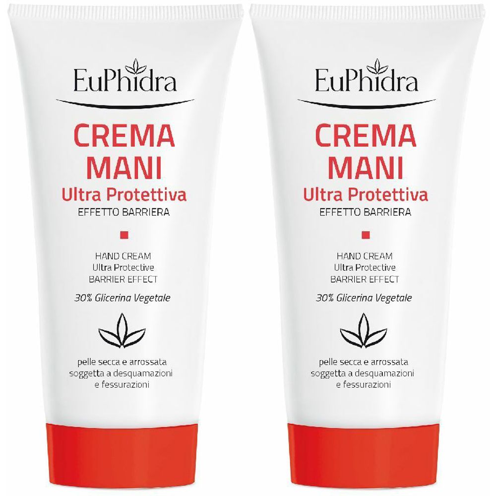 Zwei Tuben Handcreme. Aufschrift: EuPhidra, CREMA MANI Ultra Protettiva, Hand Cream, 30% Glicerina Vegetale. Weiße Tuben mit rotem Verschluss.