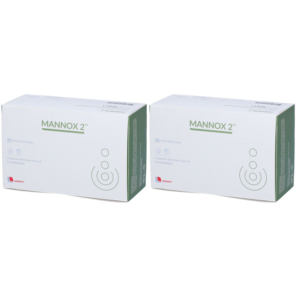 Zwei weiße Kartons mit grünem Akzent. Aufdruck: MANNOX 2, 20 Filmtabletten, Logo. Verpackung.