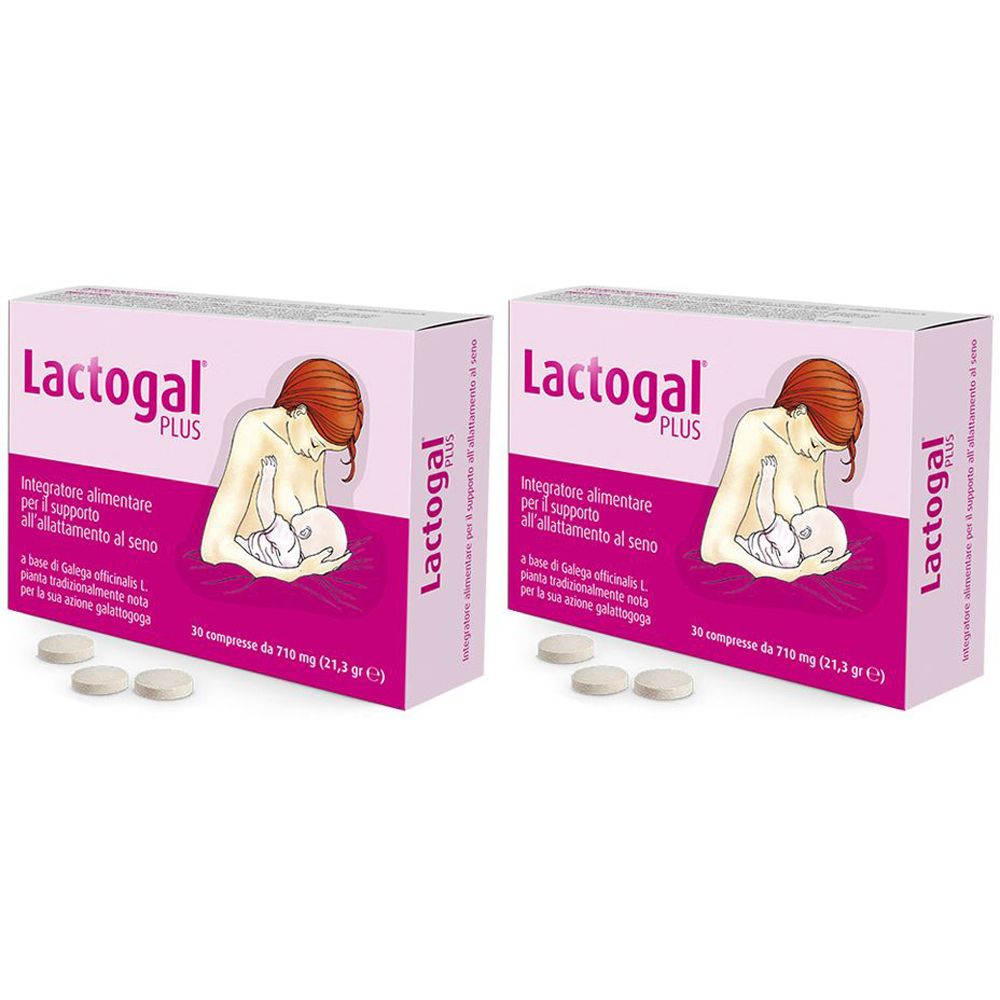 Deux boîtes de Lactogal Plus. Emballage rose avec nom du produit, illustration d'une femme allaitant et comprimés.
