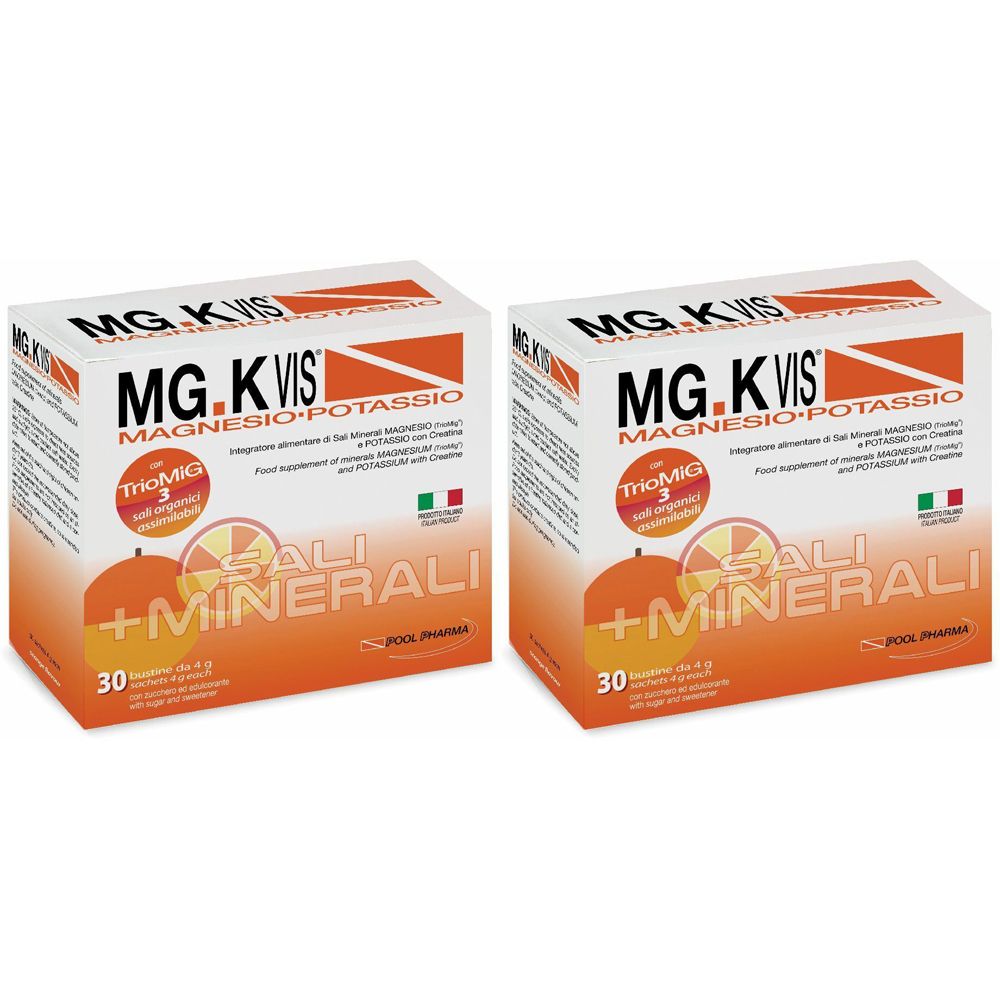 Zwei Kartons mit der Aufschrift MG.K VIS Magnesio e Potassio. Orangefarbenes Design mit Text und einer Orange.