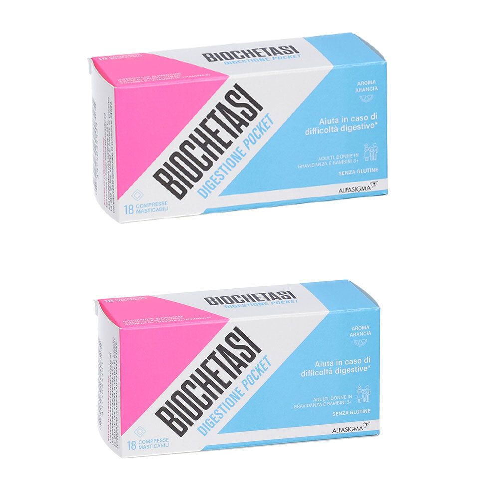 Zwei Packungen Biochetasi Digestione Pocket. Rosa-weiß-blaue Schachteln mit Produktnamen und Text. 18 Tabletten.
