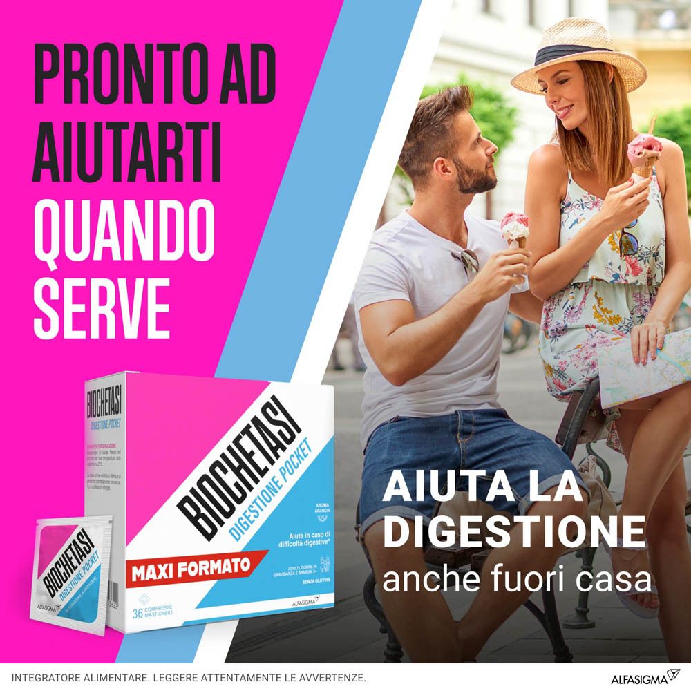 Publicité avec image du produit. Texte: Pronto ad aiutarti quando serve. Aiuta la digestione anche fuori casa.