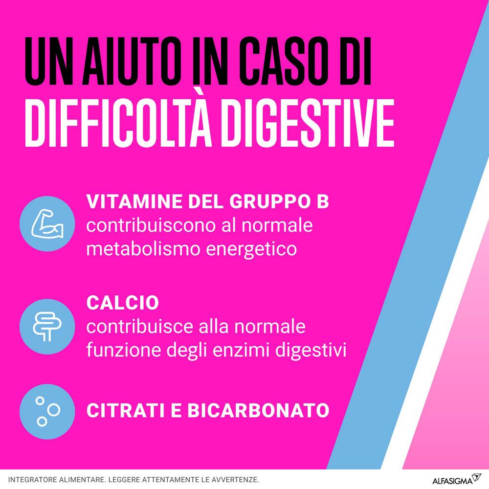 Texte: Un aiuto in caso di difficoltà digestive. Vitamine del gruppo B, Calcio, Citrati e bicarbonato.