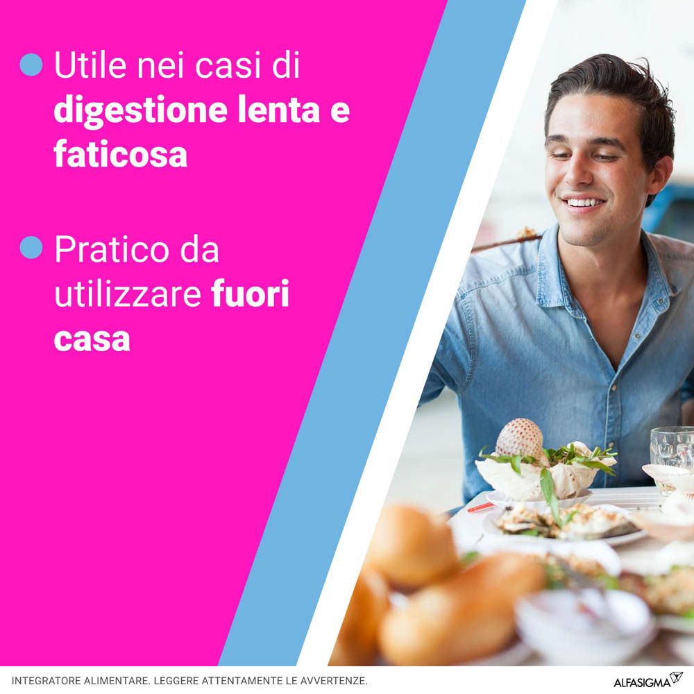 Texte: Utile nei casi di digestione lenta e faticosa. Pratico da utilizzare fuori casa. Homme souriant.