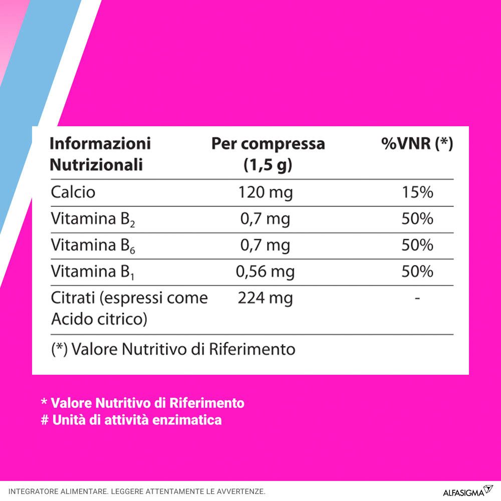 Informations nutritionnelles par comprimé: Calcium, Vitamine B2, B6, B1, Citrates. Valeurs %VNR.