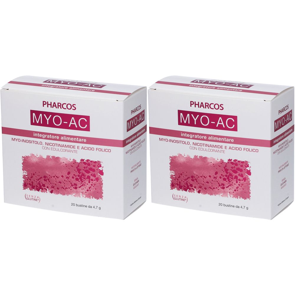 Deux boîtes blanches avec texte rouge. Inscription: PHARCOS MYO-AC, complément alimentaire. Contient myo-inositol, nicotinamide et acide folique.