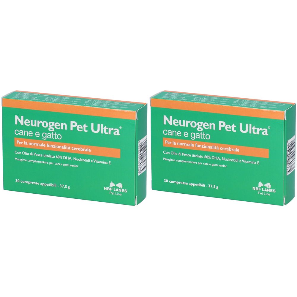 Deux boîtes vertes "Neurogen Pet Ultra" pour chiens et chats. Texte en italien. Marque NBF LANES.